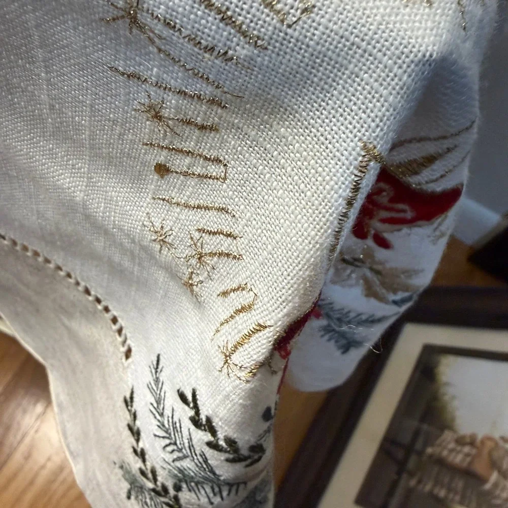 Vintage Embroidered Christmas Tablecloth Bells Poinsettia Holly Hemstitch 33x33